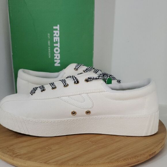 Tretorn NY Lite Bold White Canvas Platform Sneakers Gingham Ribbon Laces W9.5 - Picture 7 of 11